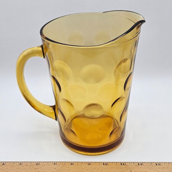 Hazel Atlas Pitcher El Dorado Amber Yellow Gold Coin Dot Glass Pitcher Carafe - Picture 10 of 13